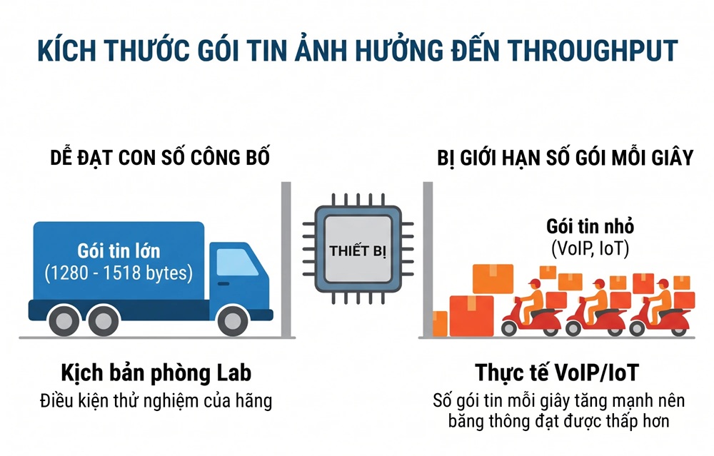 Kích thước gói tin ảnh hưởng đến throughput: gói lớn 1280–1518 byte so với gói nhỏ VoIP, IoT